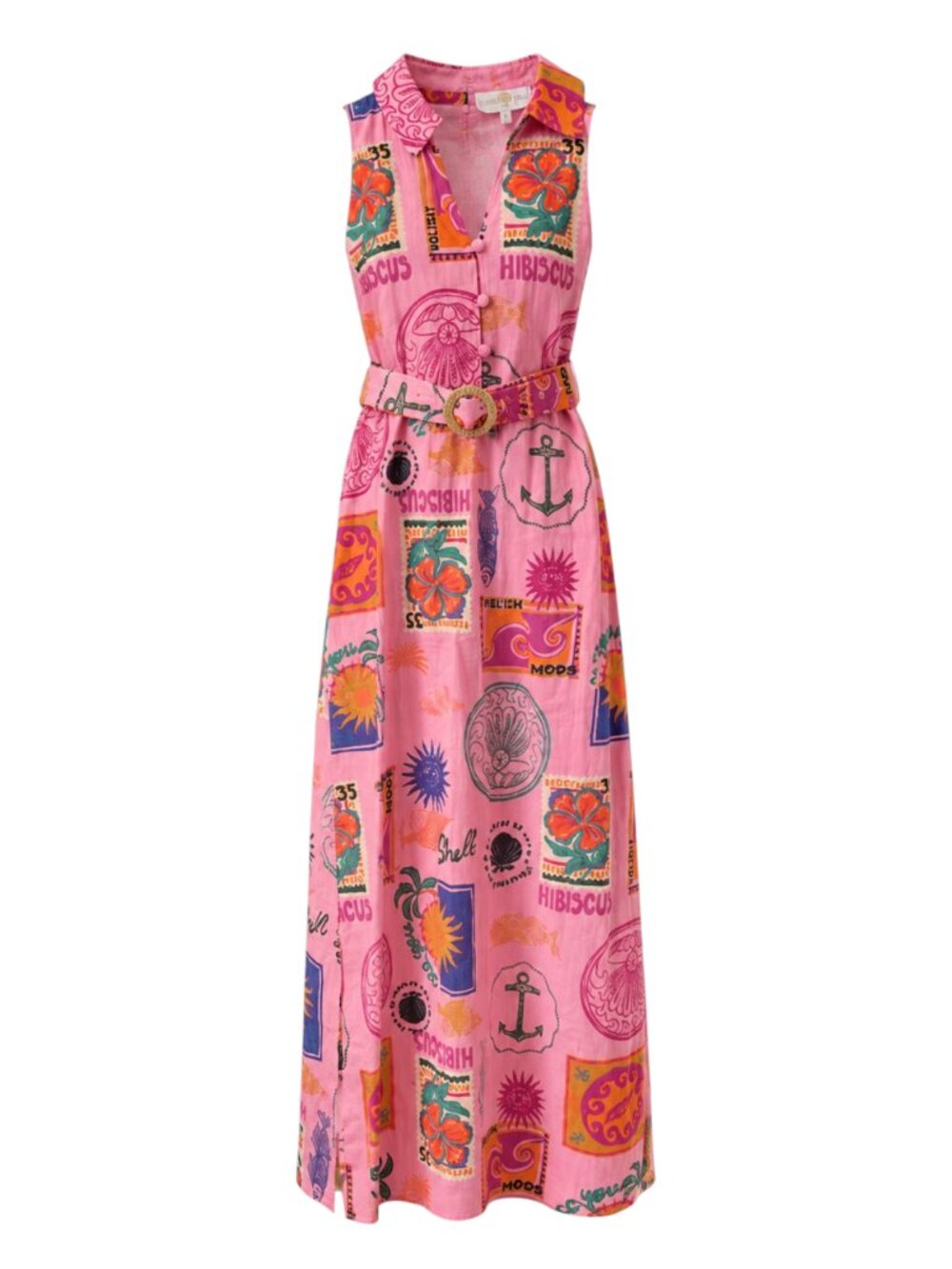 (New) Anna Cate – Hibiscus Belted Midi Novelty Print Dress (Pink) Women's XS